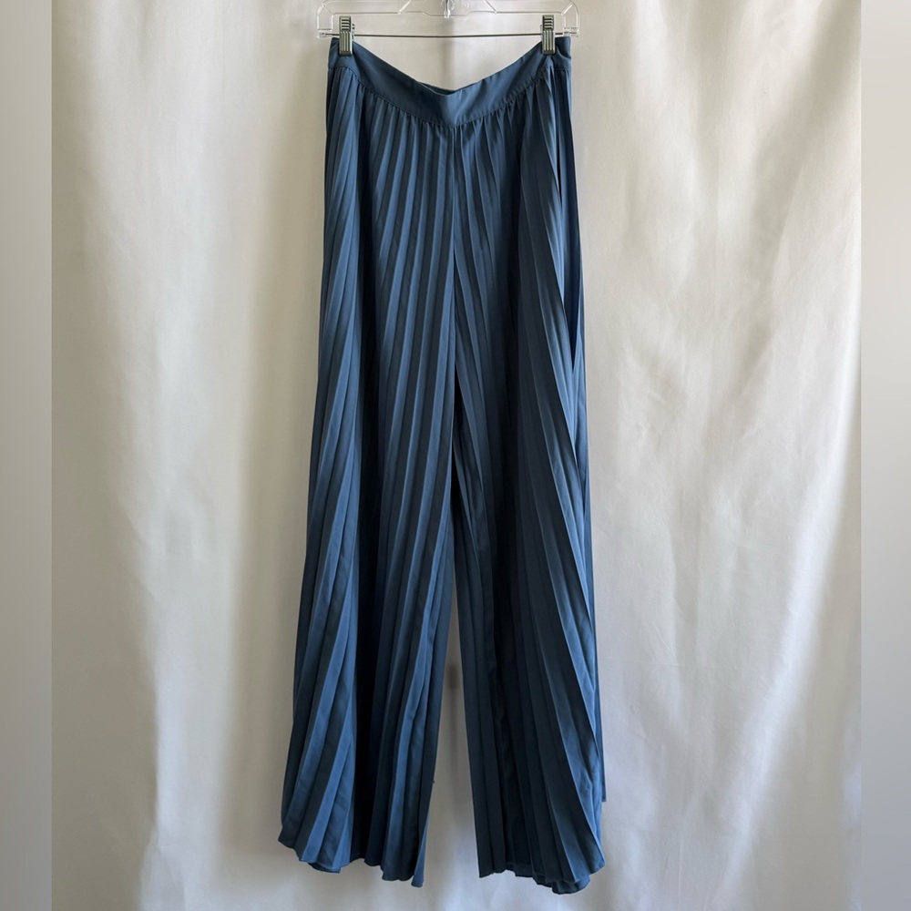 Pleated Wide-Leg Navy Pants